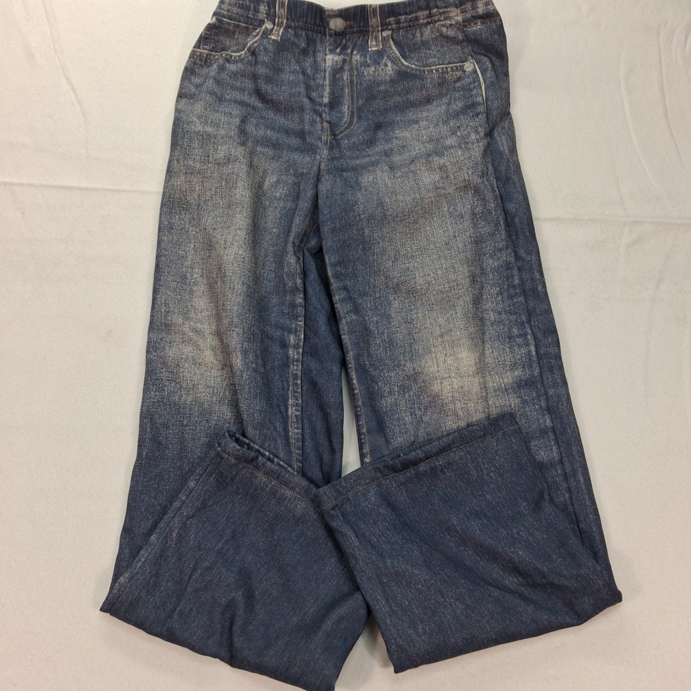 Mila Rosabella Pants Womens M Blue Trompe Loeil Denim Print Wide Leg Stretch EUC